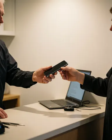 Technician hands a repaired mobile phone to a customer at a clean counter with a laptop and white walls