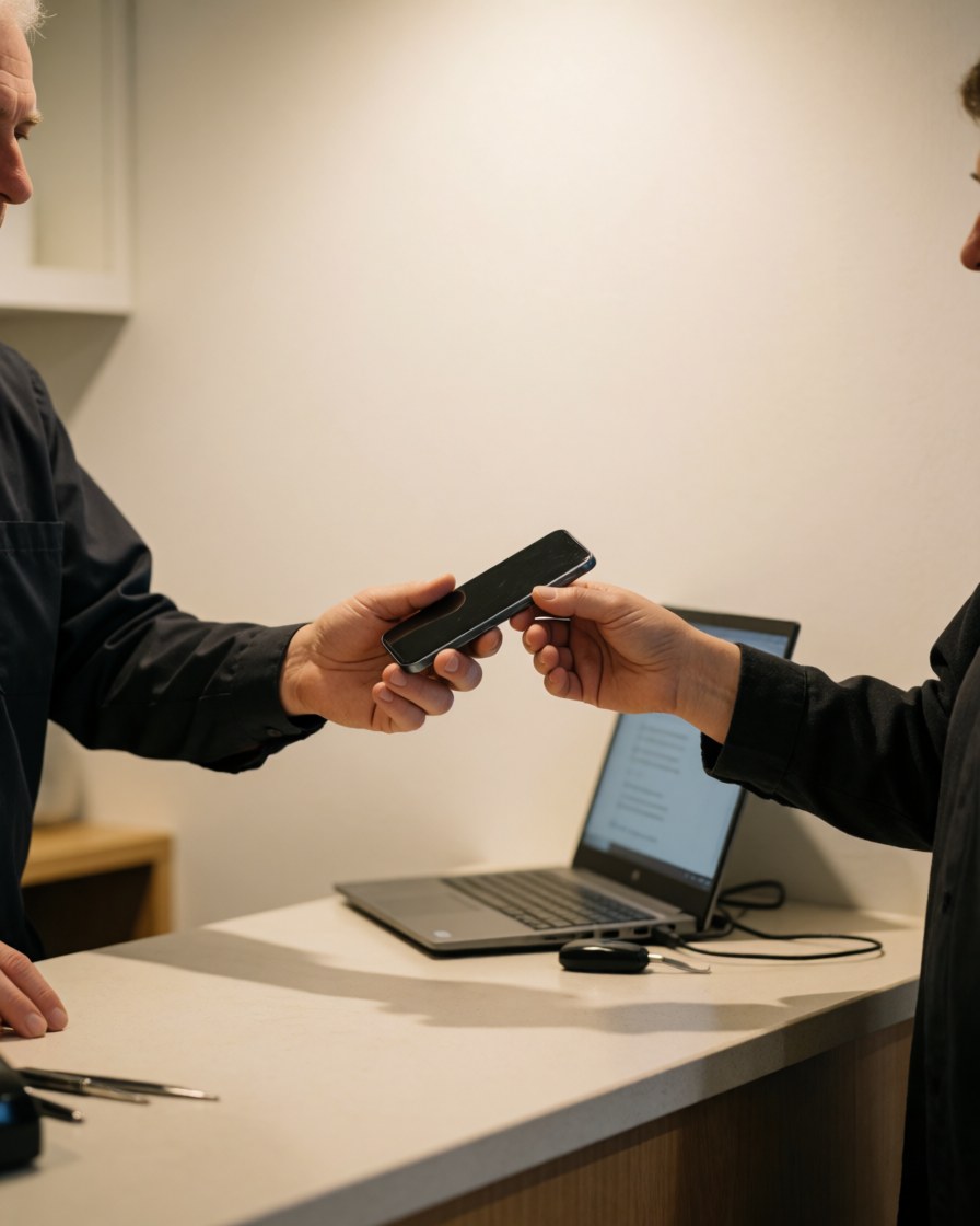 Technician hands a repaired mobile phone to a customer at a clean counter with a laptop and white walls