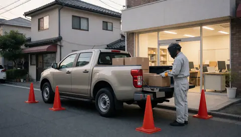A worker in uniform loads boxes into the bed of a pickup truck near a store with orange cones