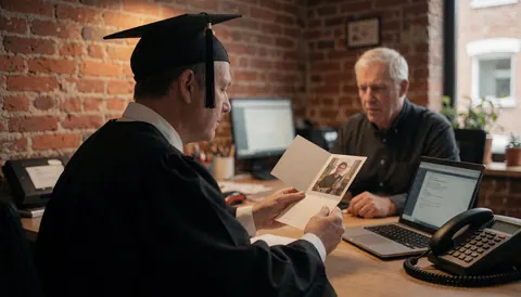 A graduate in a gown reviews a letter with a photo in an office with a brick wall, creating a professional and warm atmosphere.