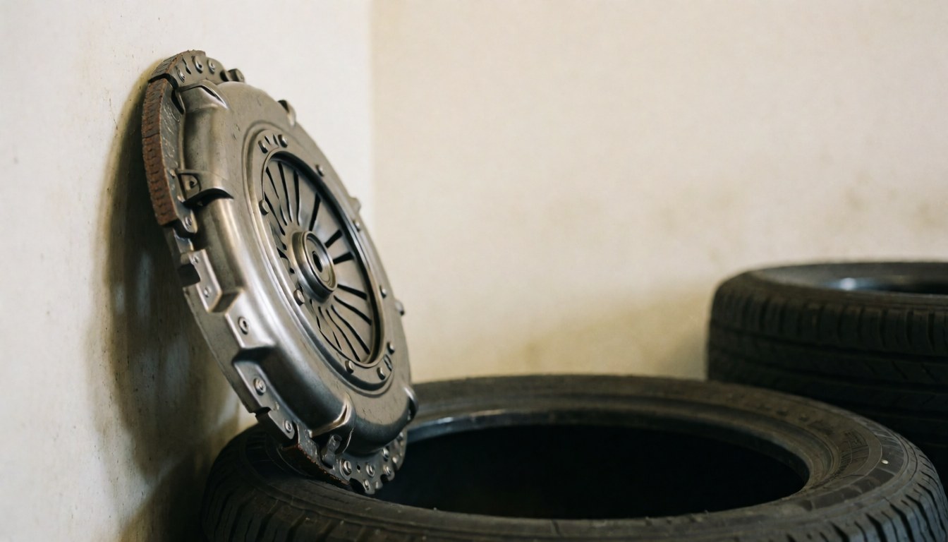 Metal clutch plate leaning against tires in an auto repair garage with a blurred background