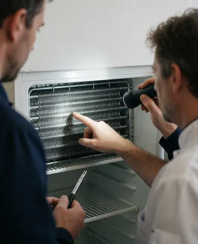 Technician and client inspecting a refrigerator coil with a flashlight in a realistic repair scene