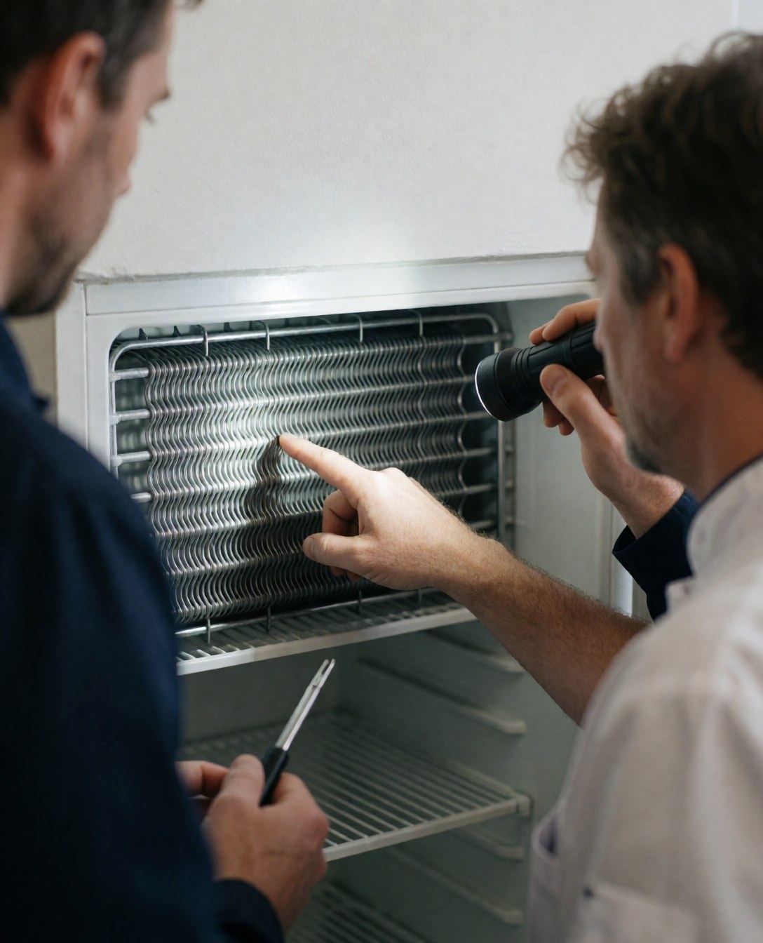 Technician and client inspecting a refrigerator coil with a flashlight in a realistic repair scene