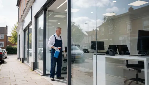 A professional window cleaner wearing gloves and an apron cleans an office glass pane with a blue spray bottle, reflecting the sky and street.