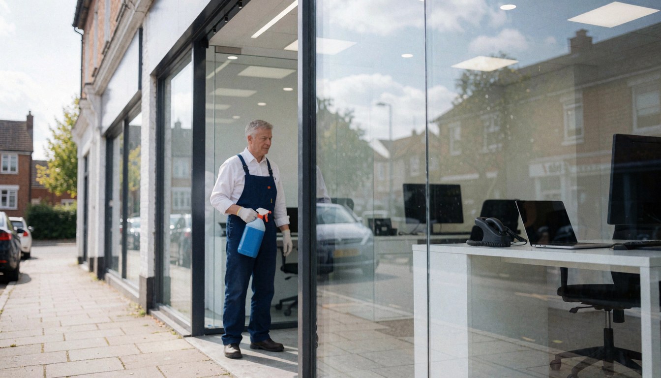A professional window cleaner wearing gloves and an apron cleans an office glass pane with a blue spray bottle, reflecting the sky and street.