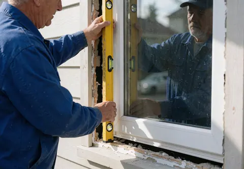 Technician in blue uniform installing a white window using a yellow level on an exterior wall during active service work
