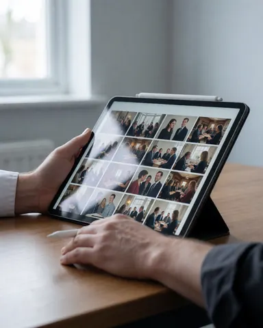 Hands reviewing event photos on a tablet over a wooden table in an office with natural light