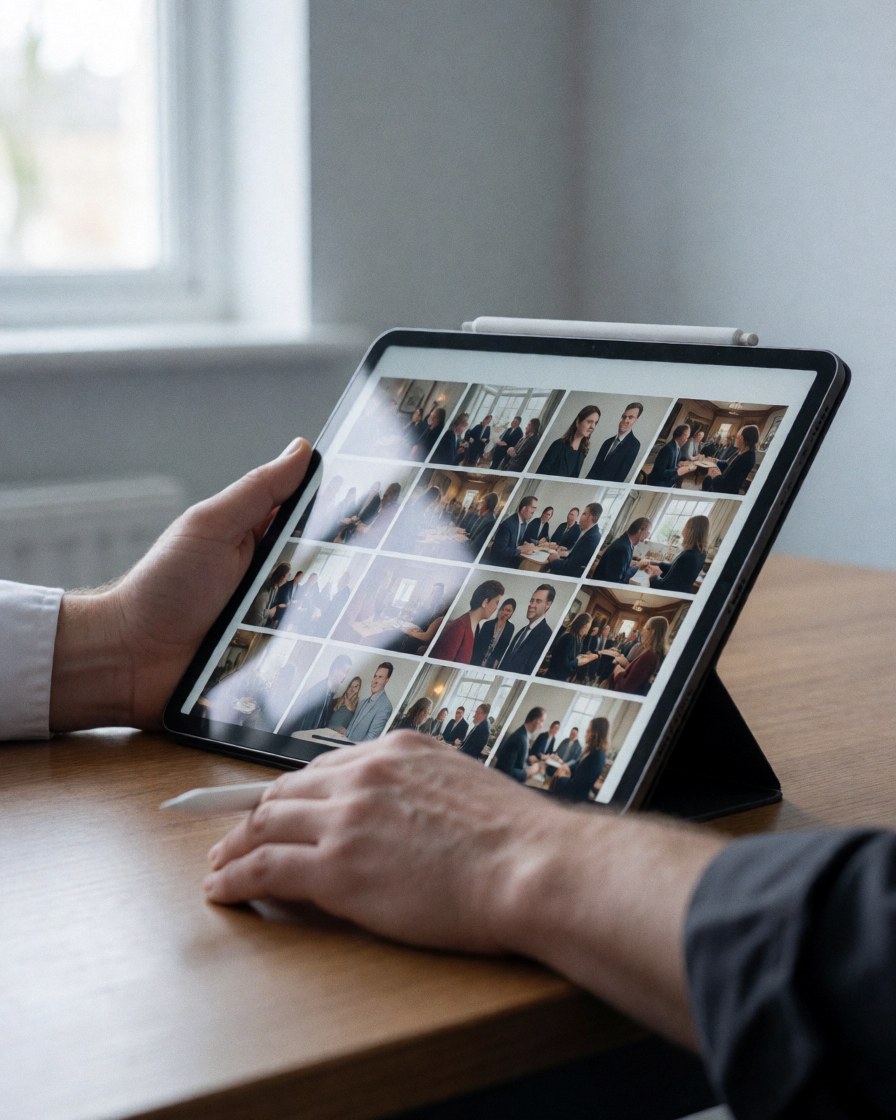 Hands reviewing event photos on a tablet over a wooden table in an office with natural light