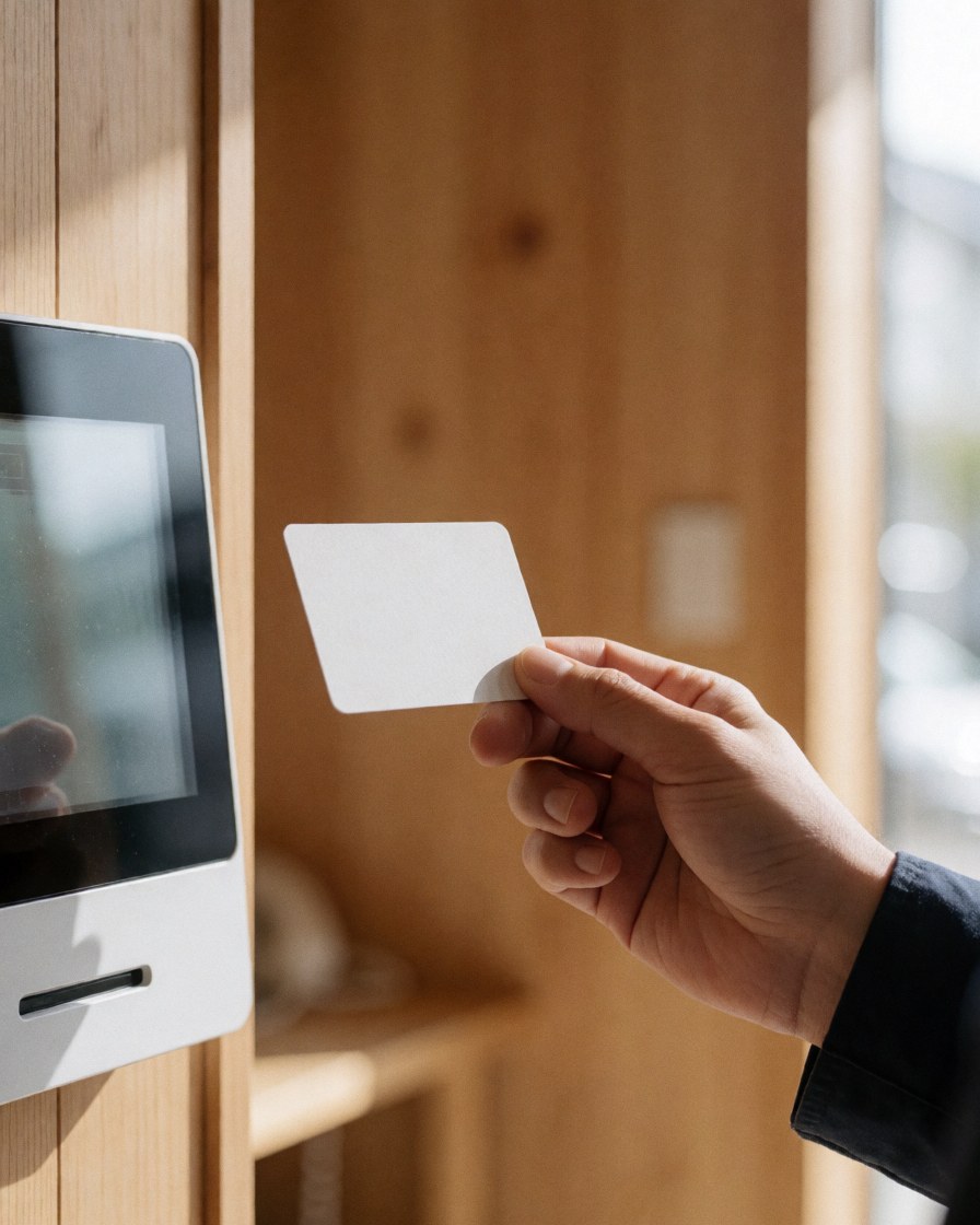 A hand holds a membership card close to a digital card reader at a sports club entrance.