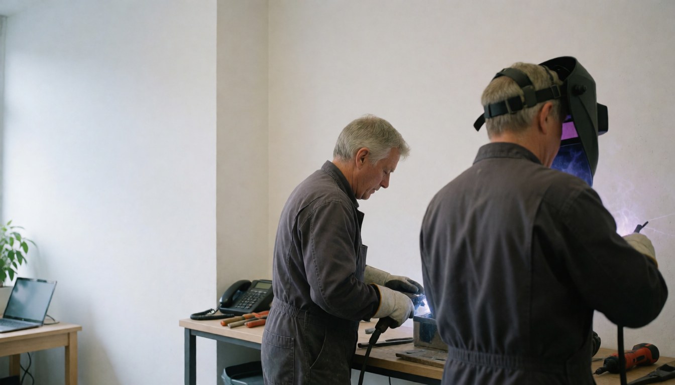Two welders wearing protective masks and gloves working in a workshop with white walls and tools around