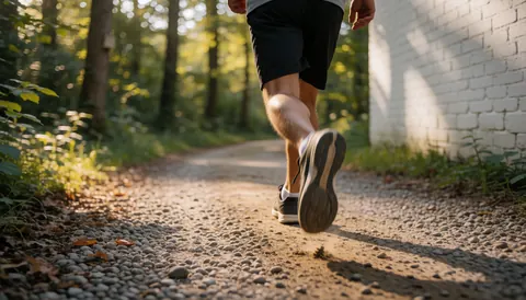 Running shoes placed on a gravel path with a white brick wall and forest background illuminated by sunset light
