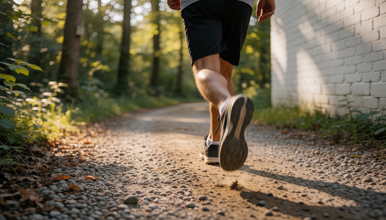 Running shoes placed on a gravel path with a white brick wall and forest background illuminated by sunset light