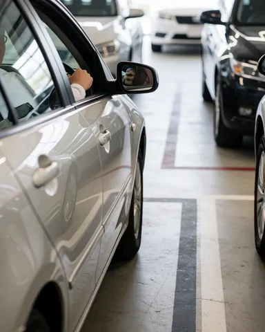 Driver maneuvering a silver car in an indoor parking garage, carefully positioning the vehicle within marked concrete floor lines.