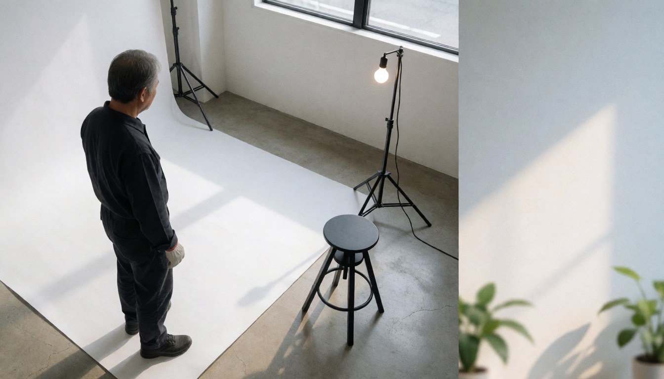 Back view of a portrait photographer standing in a professional studio with white background, black chair, and studio lighting.