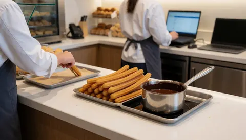 Kitchen staff serving fresh churros with hot chocolate at a theme park service counter.