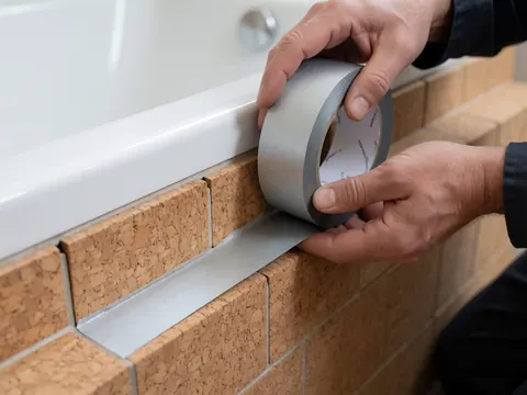 Close-up of hands applying sealing tape to the joint between cork tiles and a white bathtub edge during installation.