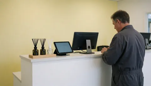 Clean car wash reception area featuring a desk with a tablet and computer against light cream walls, conveying a professional and fresh atmosphere.