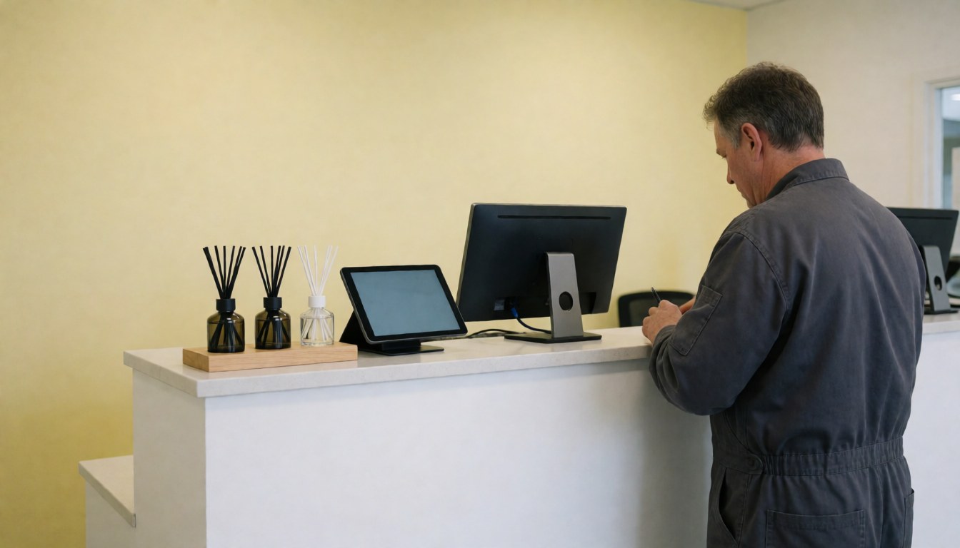 Clean car wash reception area featuring a desk with a tablet and computer against light cream walls, conveying a professional and fresh atmosphere.