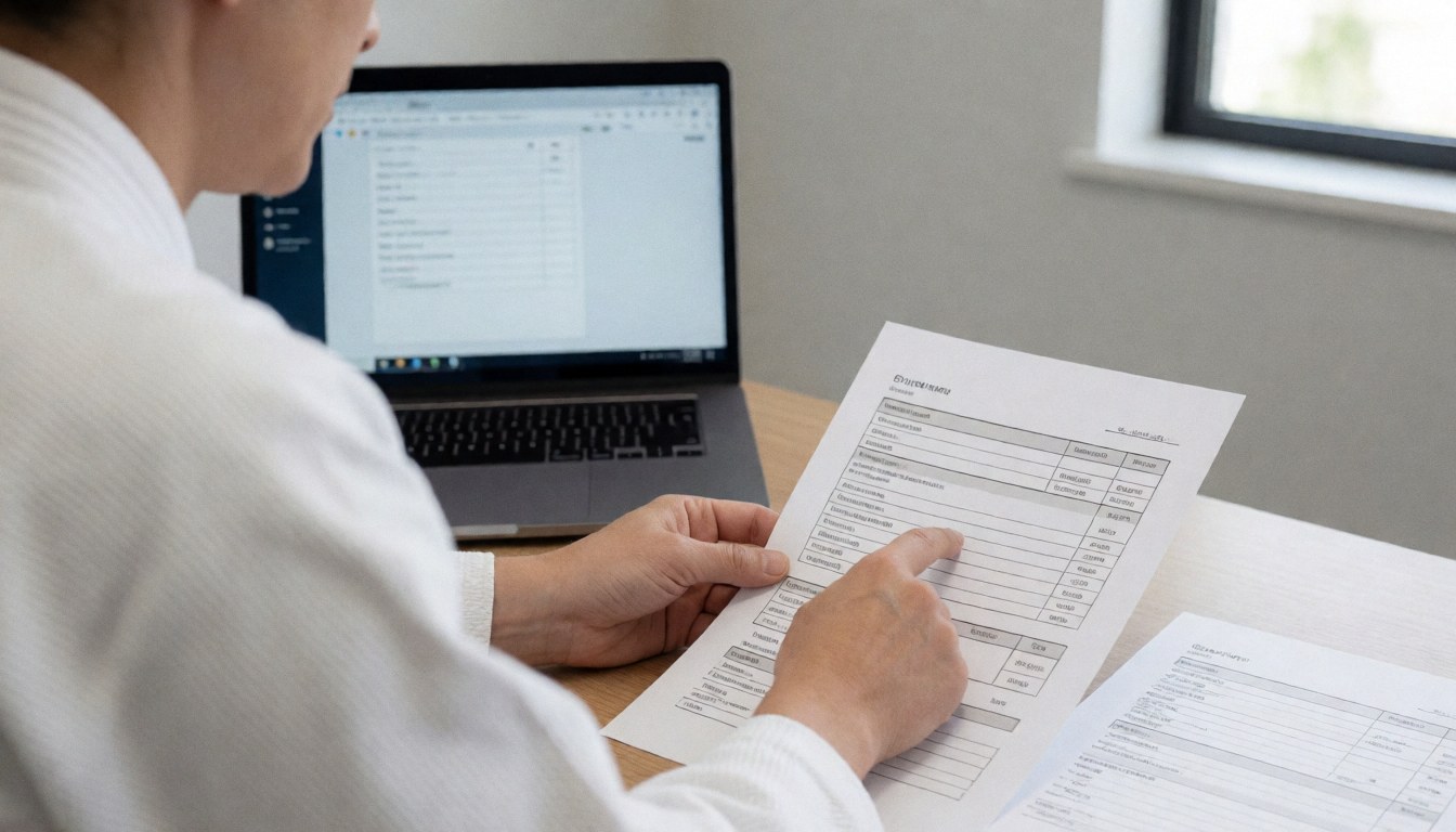 Karate instructor in white uniform checks a registration form on a laptop in a bright office
