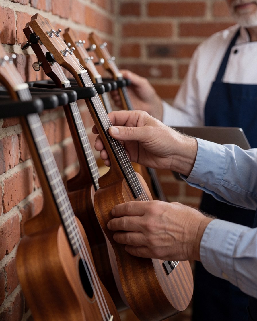 An adult hand selecting a wooden ukulele in a music academy with a brick wall background, emphasizing care and professionalism.