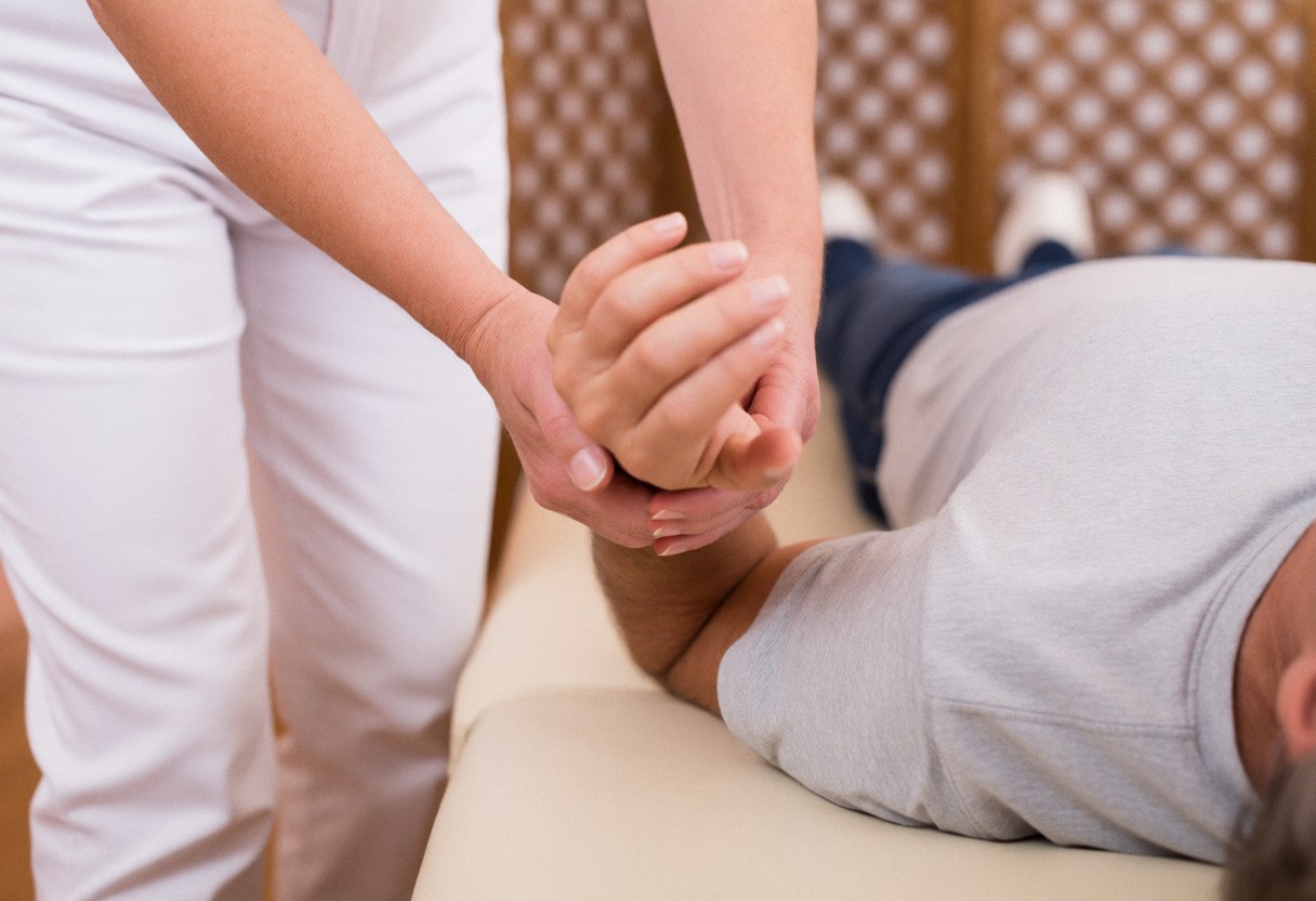 Therapist performing wrist stretch on client lying on table with wooden panel background in Thai massage setting