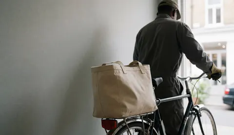 Back view of a cyclist with a bicycle taxi and canvas bag against a gray wall in a morning urban scene