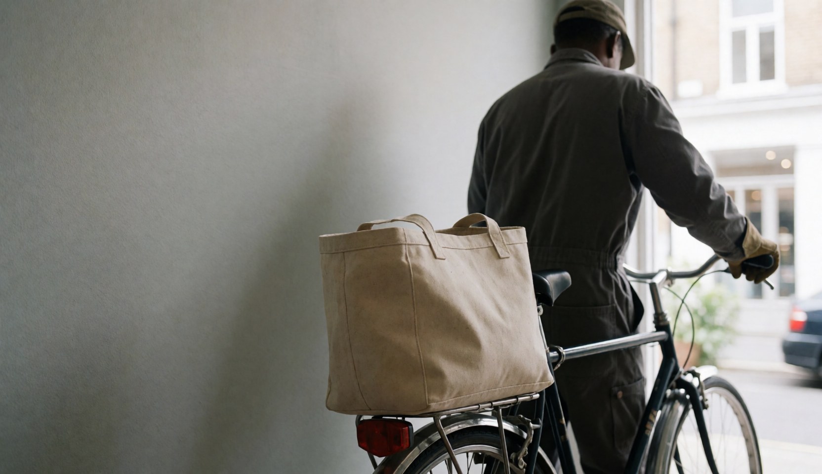 Back view of a cyclist with a bicycle taxi and canvas bag against a gray wall in a morning urban scene