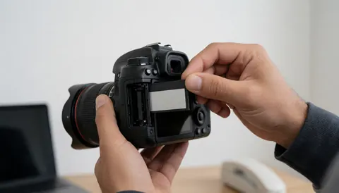 Close-up of a hand inserting a CFexpress memory card into a professional DSLR camera body.