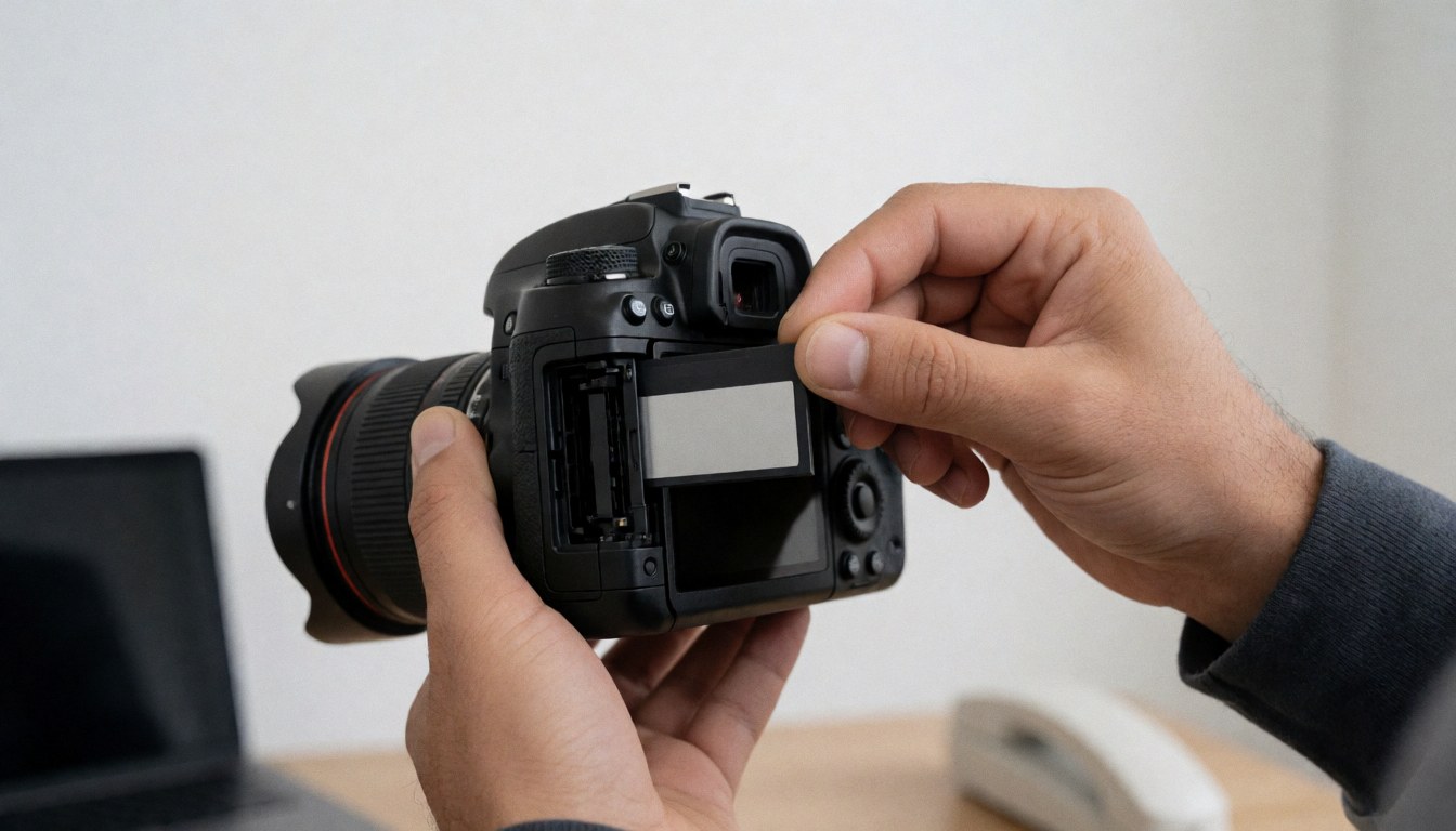Close-up of a hand inserting a CFexpress memory card into a professional DSLR camera body.
