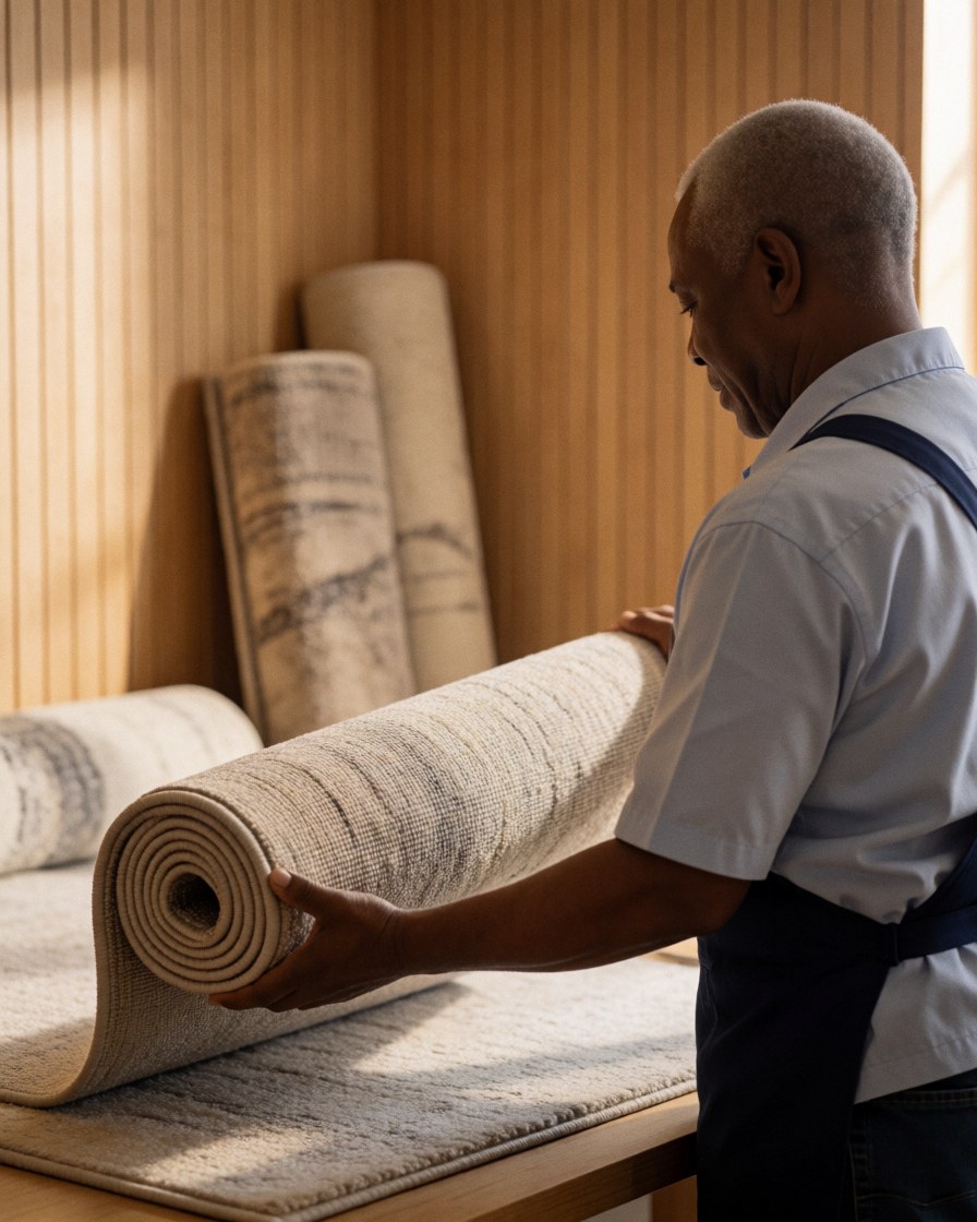 A man inspects a clean rolled carpet in a laundromat with other carpets and wooden walls in the background