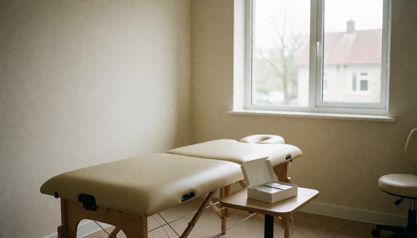Bright and clean osteopathy treatment room featuring a treatment table, office chair, and patch box near a window.