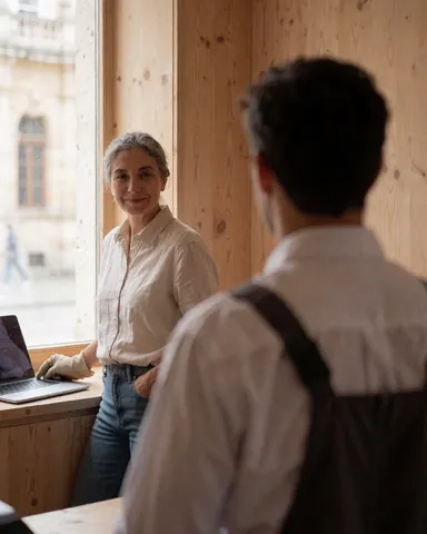 A woman smiles as a man watches her from behind during a tango class near a window with natural light and wooden walls.