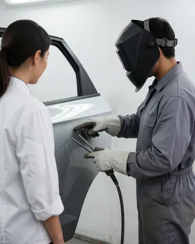 Technician in welding helmet demonstrating invisible repair on white car door to client