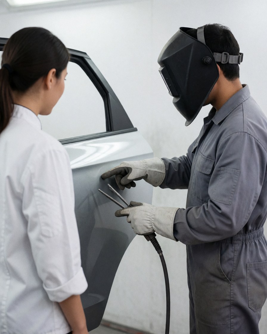 Technician in welding helmet demonstrating invisible repair on white car door to client