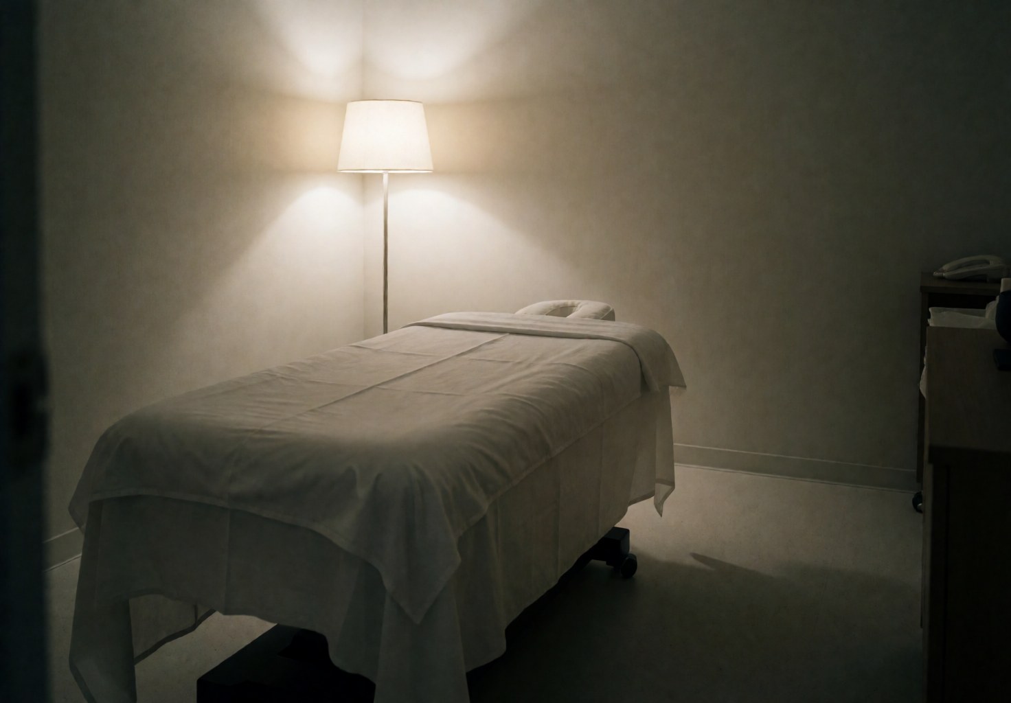 Massage bed with white sheets in a minimalist room with neutral walls and soft floor lamp lighting