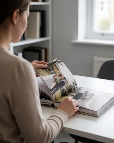 A customer reviews a wedding photo album on a white table in a bright office with shelves.
