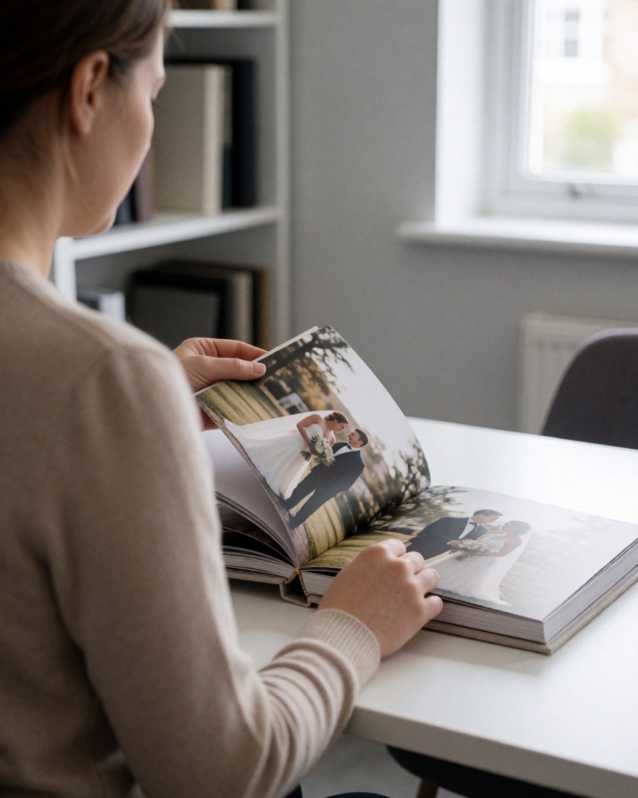 A customer reviews a wedding photo album on a white table in a bright office with shelves.