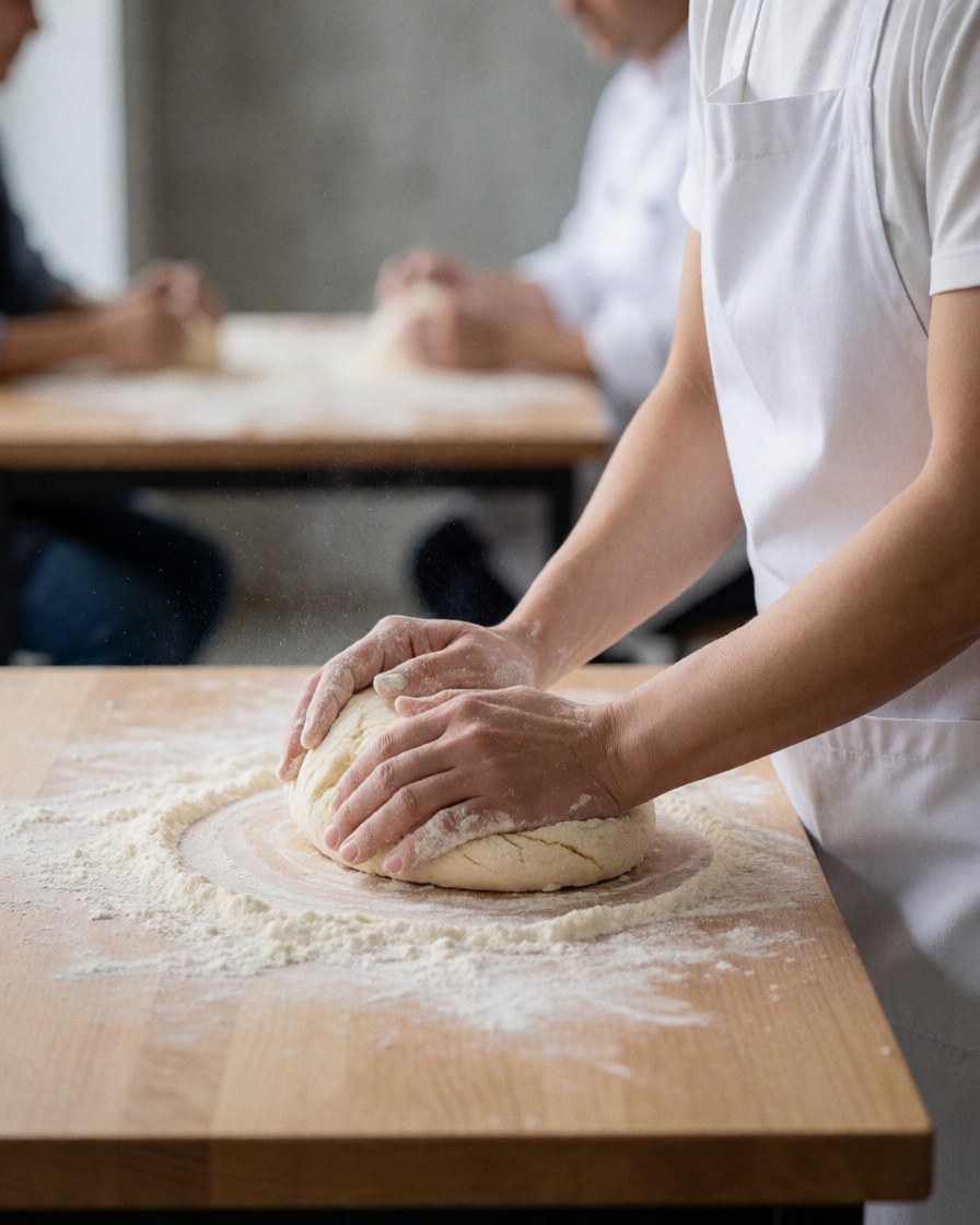 Hands kneading dough on a wooden table with flour in a bakery class with concrete walls and blurred background