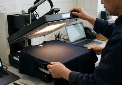 A professional adjusts a dark t-shirt on an industrial thermal press in a workshop with white tiled walls, showing the apparel customization process.