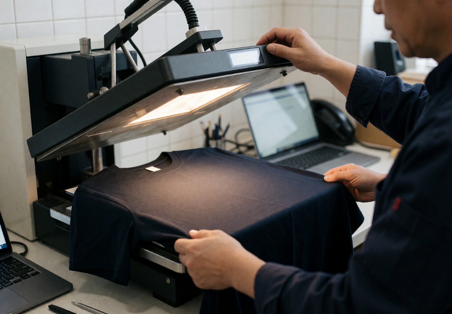 A professional adjusts a dark t-shirt on an industrial thermal press in a workshop with white tiled walls, showing the apparel customization process.