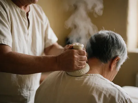 Hands applying hot steam treatment to a client's neck during a therapeutic massage session in a beige room