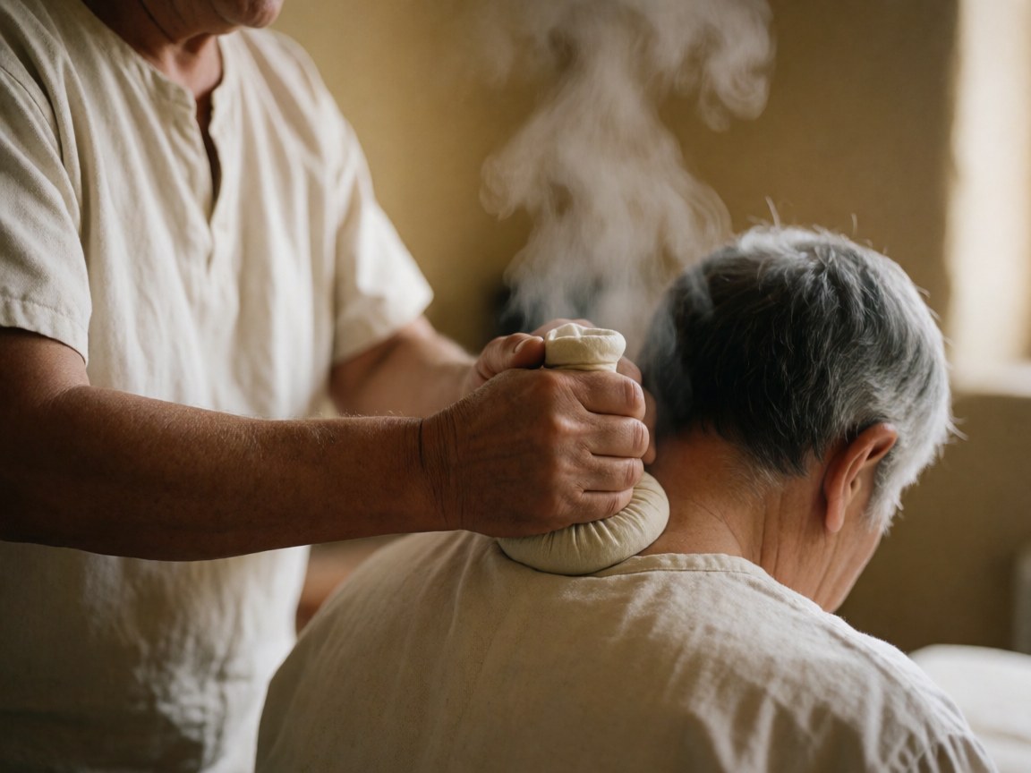 Hands applying hot steam treatment to a client's neck during a therapeutic massage session in a beige room