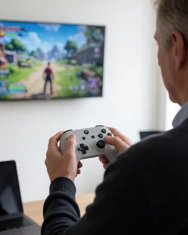 Senior man playing video game with controller in front of screen in white room for console repair