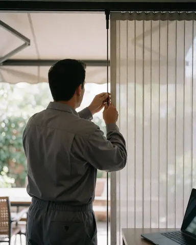 Technician in gray uniform adjusting a vertical awning in a patio with natural light, showing installation equipment and outdoor setting.