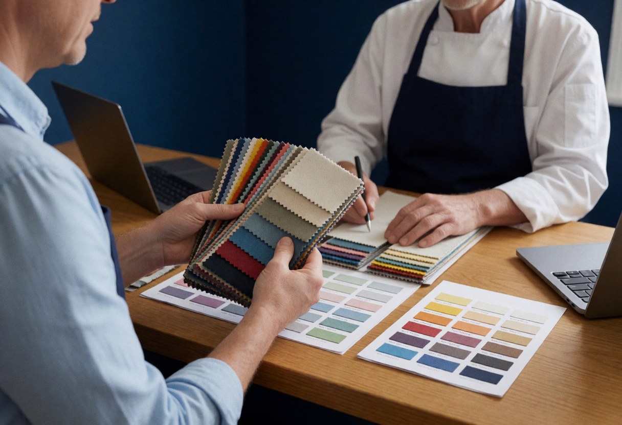 Customer and professional selecting fabric swatches and color cards at an apparel customization service counter with a laptop nearby