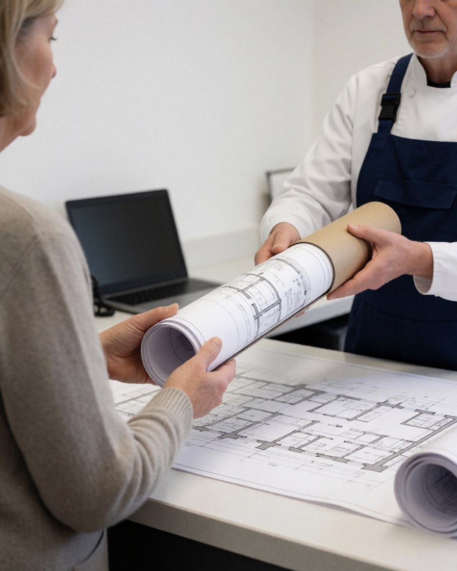 A client receives architectural blueprints from a professional in a clean modern office setting.