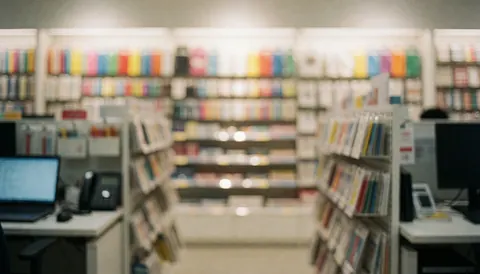Blurred stationery store background with shelves full of colorful products and a laptop on the counter, ideal for text