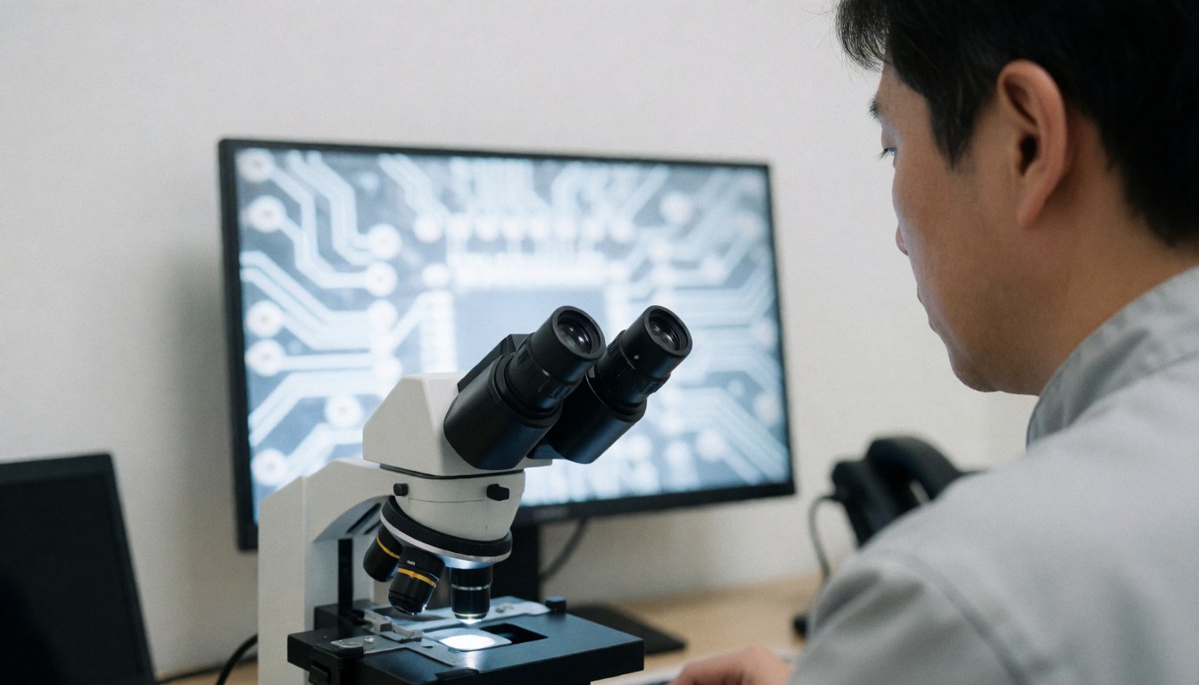 Phone repair technician examining a circuit board through a microscope in a clean workspace with white walls and clinical lighting
