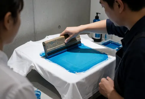 Worker uses a squeegee to apply blue ink onto a white t-shirt in a workshop with a concrete wall visible.