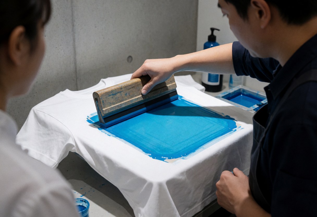 Worker uses a squeegee to apply blue ink onto a white t-shirt in a workshop with a concrete wall visible.